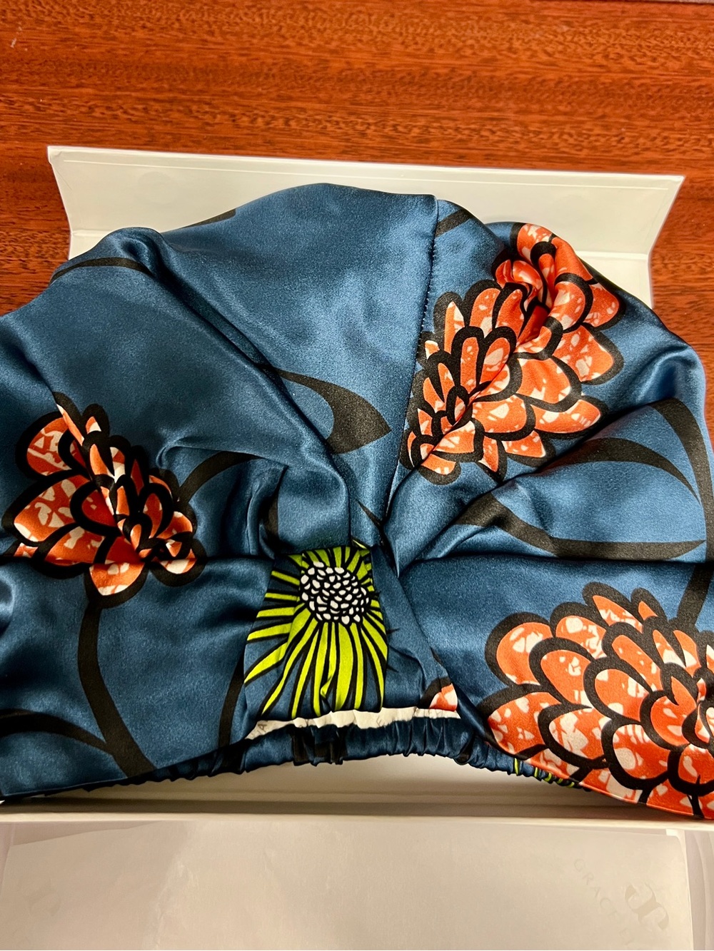 Silk Turban Head Wrap in Blue Peach Floral